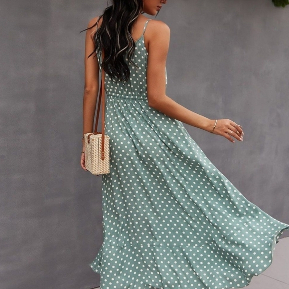 New Chic Flowy Polka Dot Button Front Cami Dress Midi Green White - Picture 4 of 9